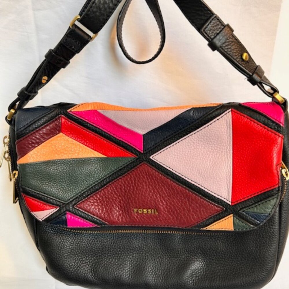 Fossil Leather Patchwork Colorblock Crossbody Bag… - image 1